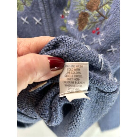 Blue Knit Holiday Cardigan PL Embroidered Winter Birds Cardinals Pinecones Zip - Picture 6 of 13